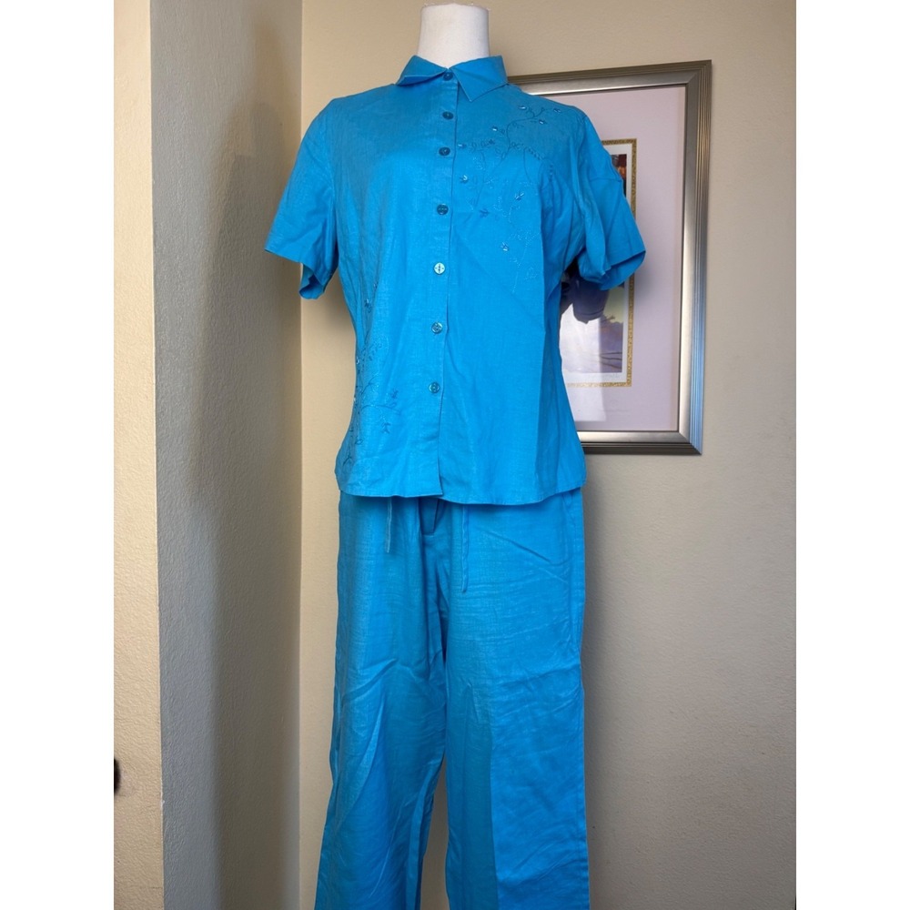 Sag Harbor Linen Set 2 Piece Top Pant Embroidered | Blue | Size 10 Top - 14 Pant